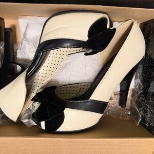 T.U.K Cream and Black Bow Peep-Toe High Heels